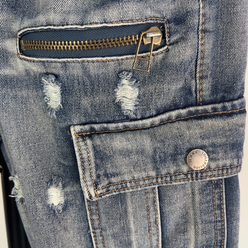 Trill Nation Mens 30x30 Moto Biker Cargo Jeans Distressed Blue Denim Ribbed Knee - Picture 4 of 13